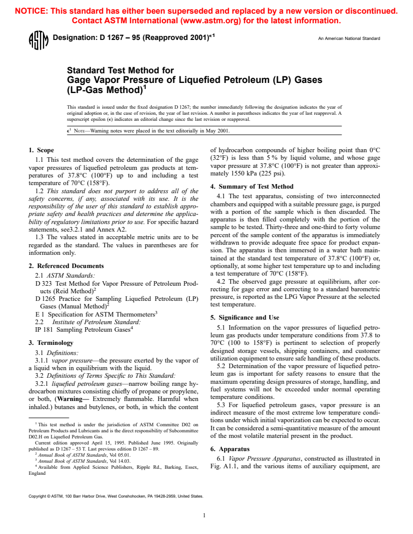 ASTM D1267-95(2001)e1 - Standard Test Method for Gage Vapor Pressure of Liquefied Petroleum (LP) Gases (LP-Gas Method)