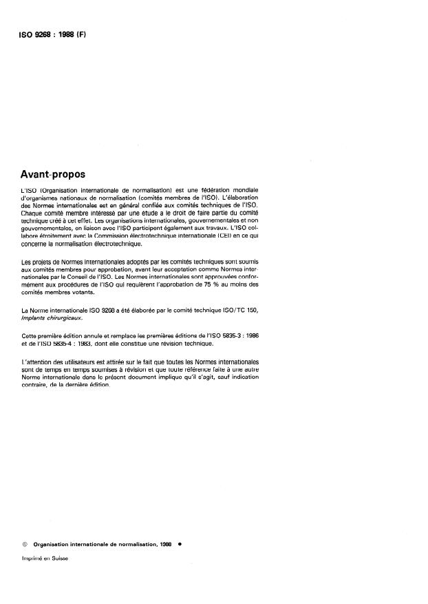 ISO 9268:1988 ISO 9268:1988 - Implants chirurgicaux -- Vis métalliques a embase conique pour os -- Dimensions - Page 2 preview