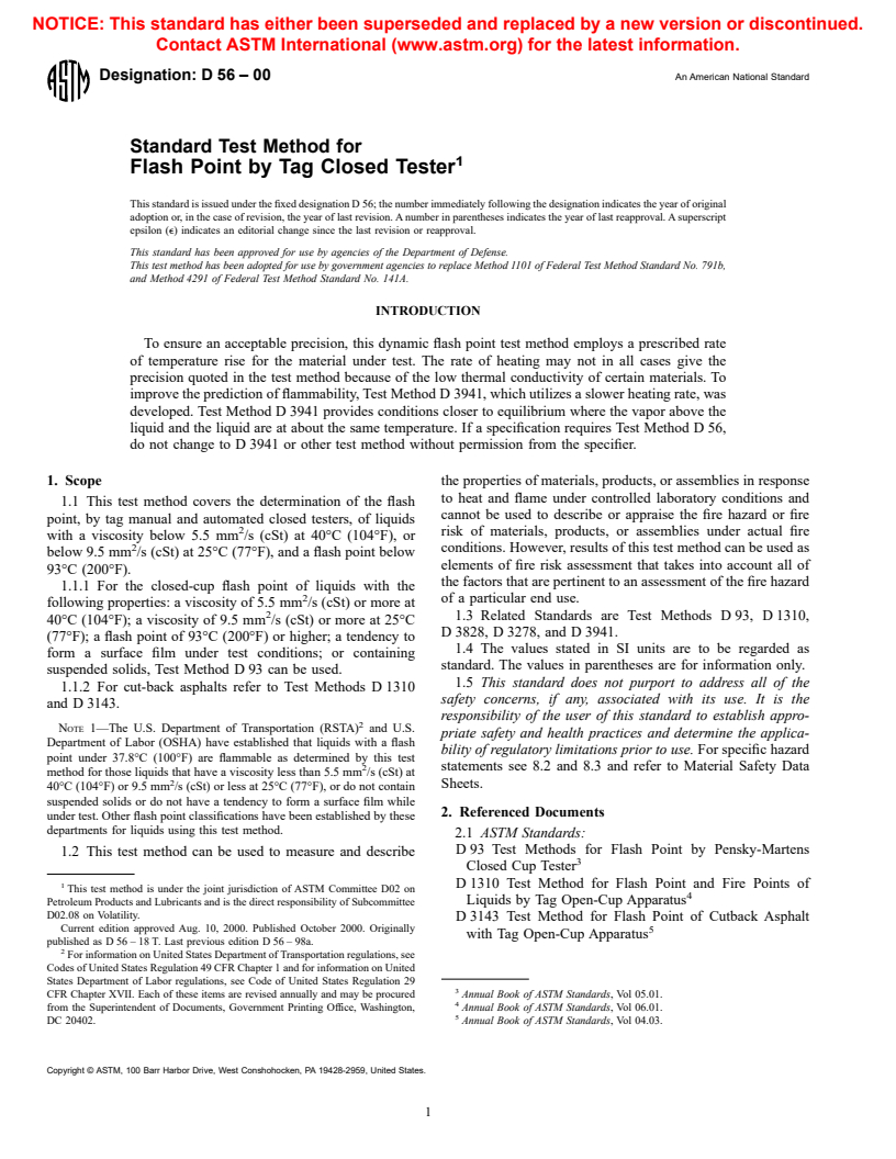 ASTM D56-00 - Standard Test Method for Flash Point by Tag Closed Tester