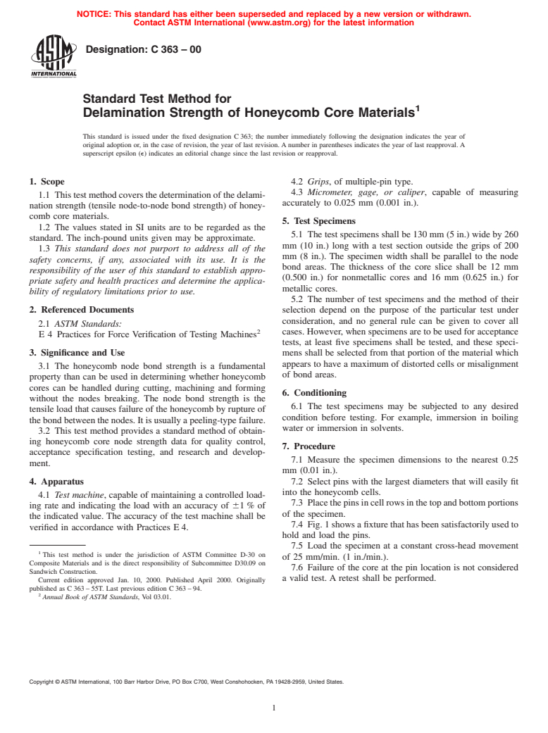 ASTM C363-00 - Standard Test Method for Delamination Strength of Honeycomb Core Materials