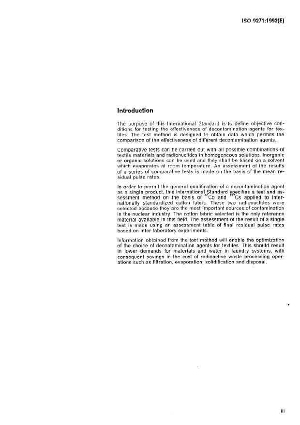 ISO 9271:1992 - Decontamination of radioactively contaminated surfaces -- Testing of decontamination agents for textiles