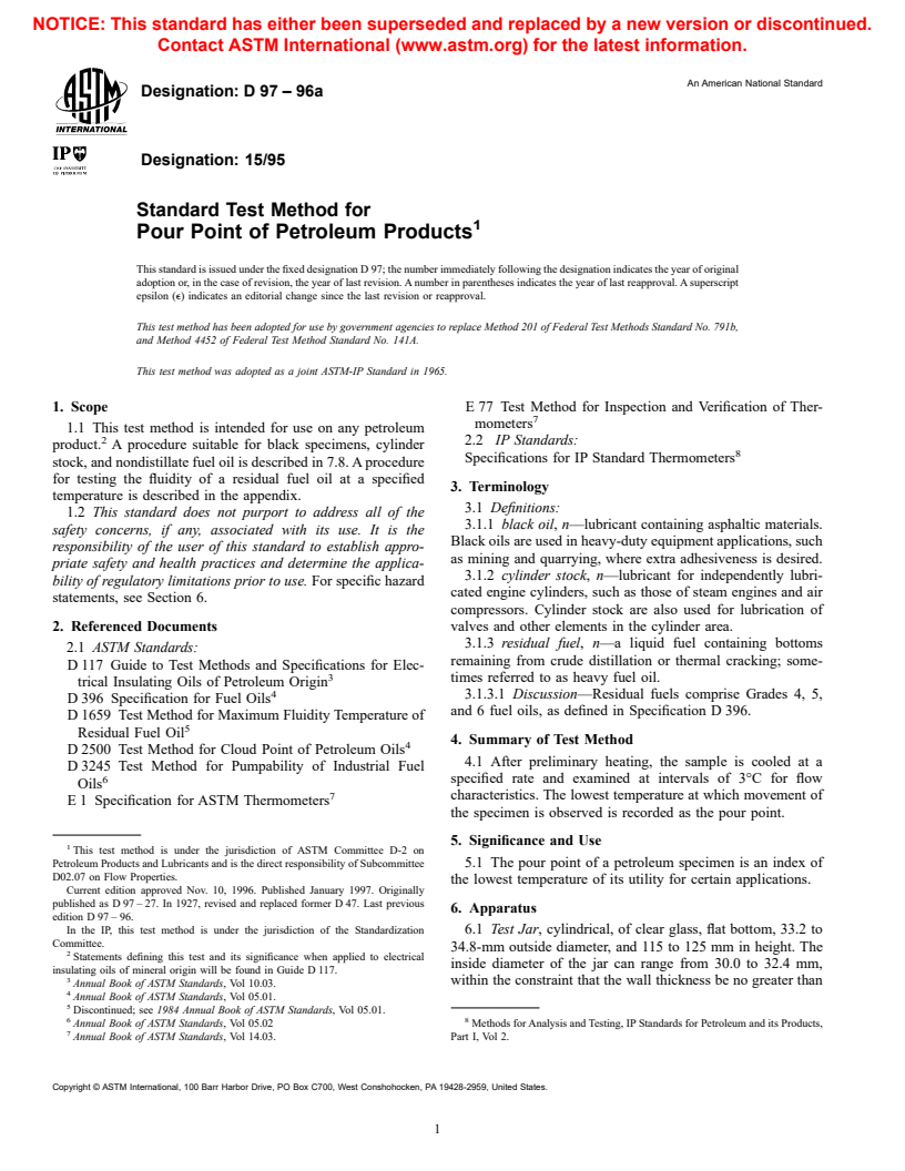 ASTM D97-96a - Standard Test Method for Pour Point of Petroleum Products