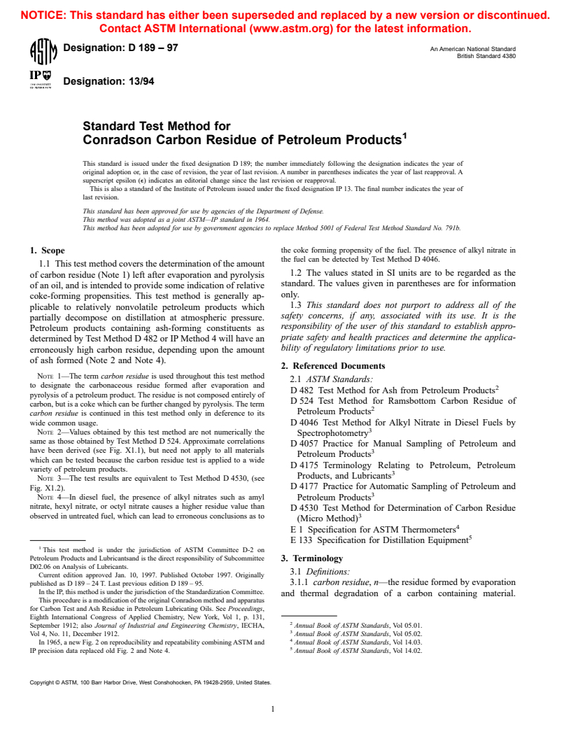 ASTM D189-97 - Standard Test Method for Conradson Carbon Residue of Petroleum Products