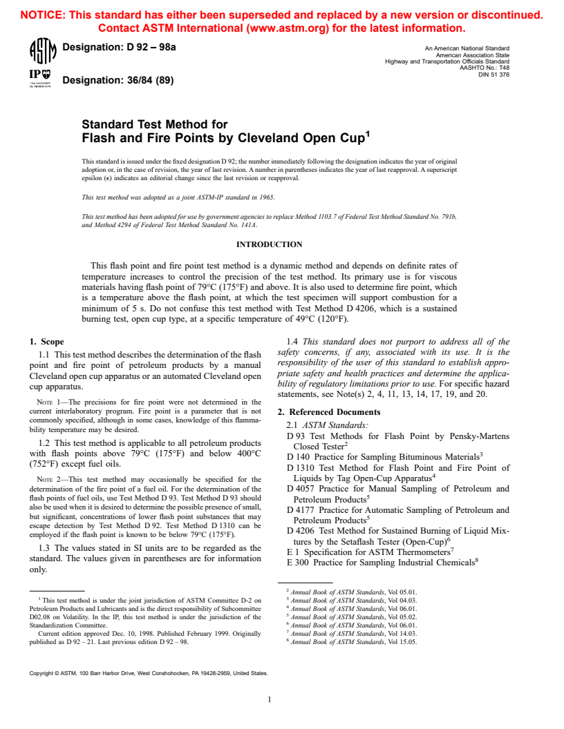 ASTM D92-98a - Standard Test Method for Flash and Fire Points by Cleveland Open Cup