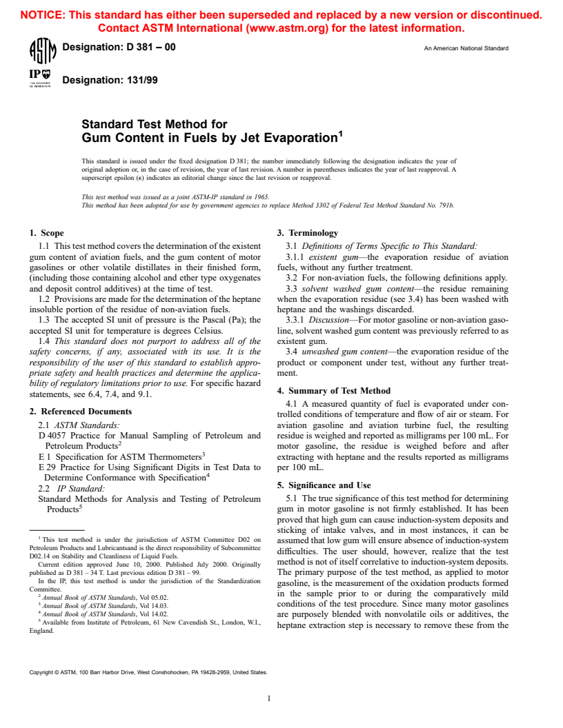 ASTM D381-00 - Standard Test Method for Gum Content in Fuels by Jet Evaporation