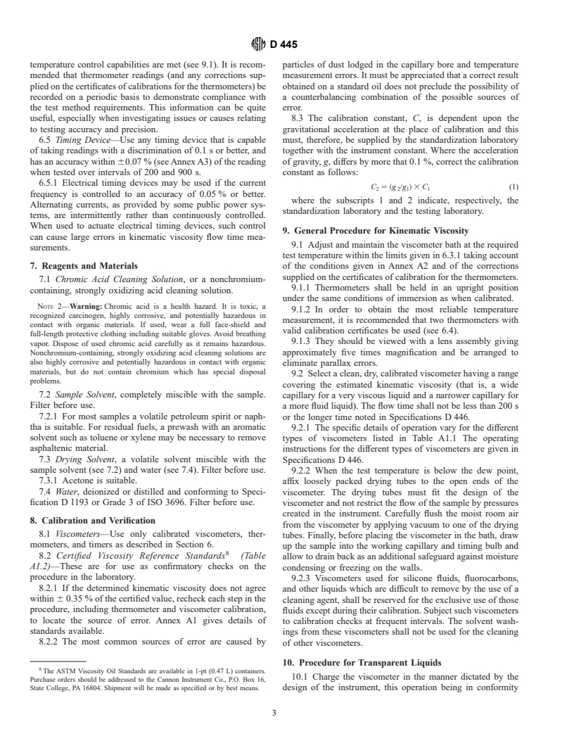 ASTM D445-97 - Standard Test Method for Kinematic Viscosity of Transparent and Opaque Liquids (the Calculation of Dynamic Viscosity)