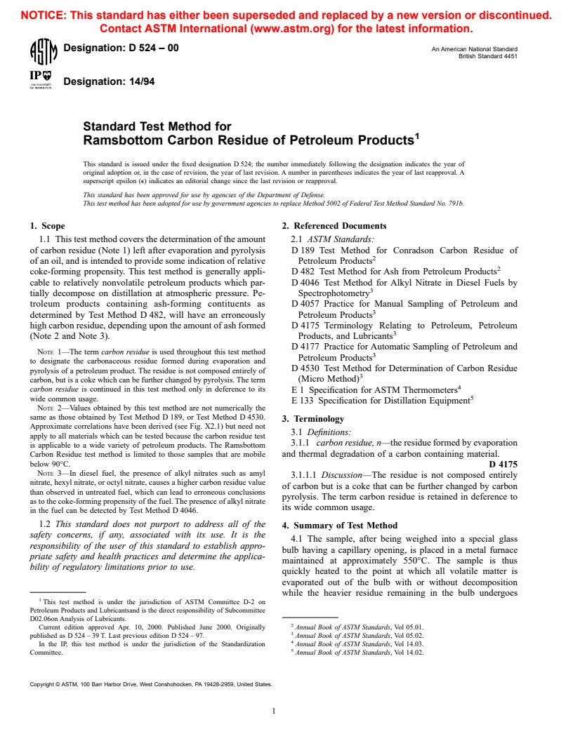 ASTM D524-00 - Standard Test Method for Ramsbottom Carbon Residue of Petroleum Products