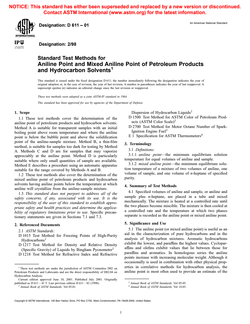 ASTM D611-01 - Standard Test Methods for Aniline Point and Mixed Aniline Point of Petroleum Products and Hydrocarbon Solvents