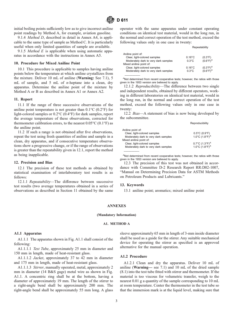 ASTM D611-01 - Standard Test Methods for Aniline Point and Mixed Aniline Point of Petroleum Products and Hydrocarbon Solvents