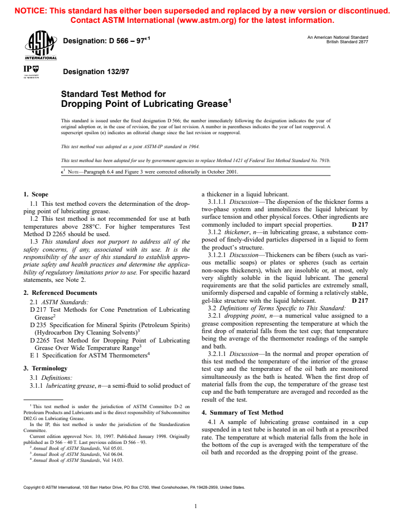 ASTM D566-97e1 - Standard Test Method for Dropping Point of Lubricating Grease