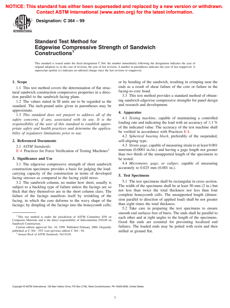 ASTM C364-99 - Standard Test Method for Edgewise Compressive Strength of Sandwich Constructions