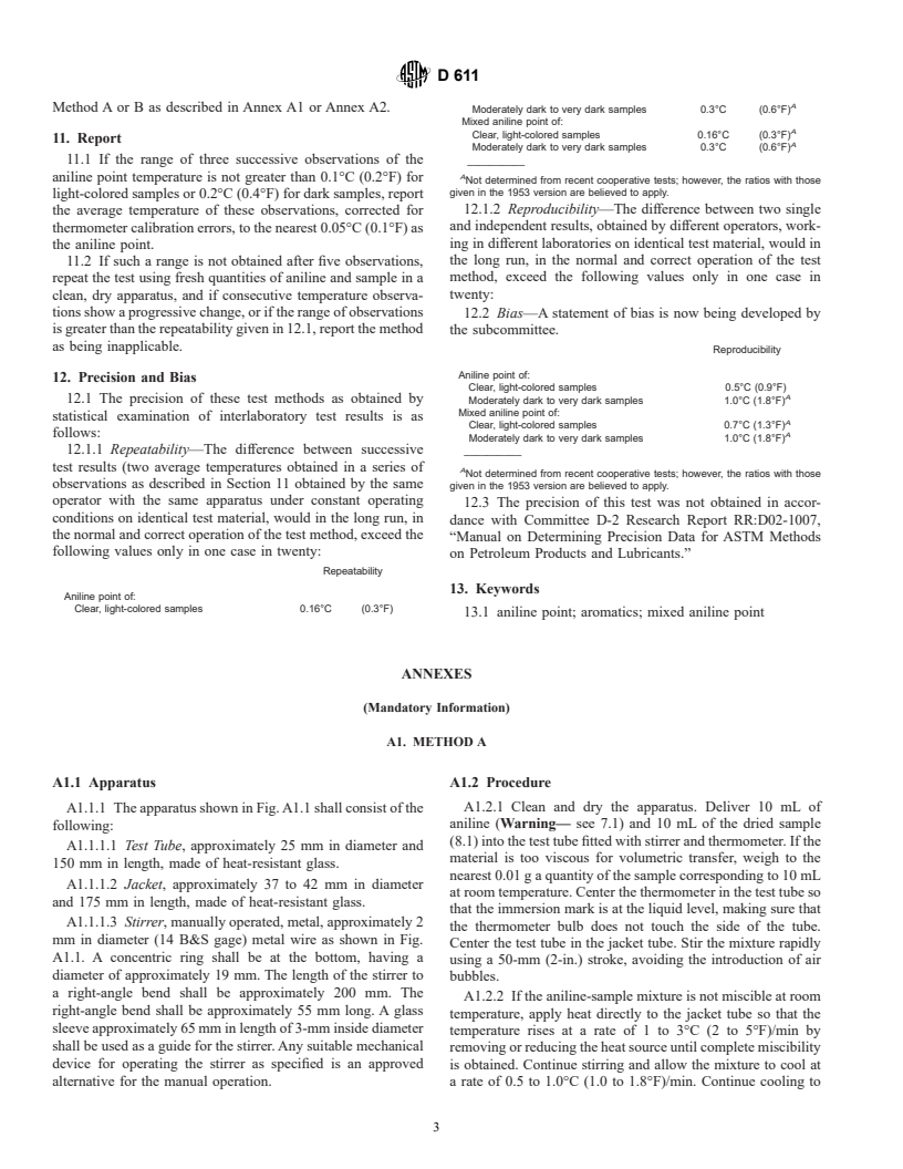 ASTM D611-01a - Standard Test Methods for Aniline Point and Mixed Aniline Point of Petroleum Products and Hydrocarbon Solvents