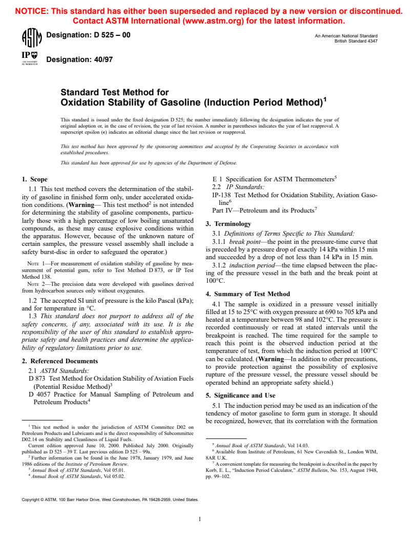 ASTM D525-00 - Standard Test Method for Oxidation Stability of Gasoline (Induction Period Method)