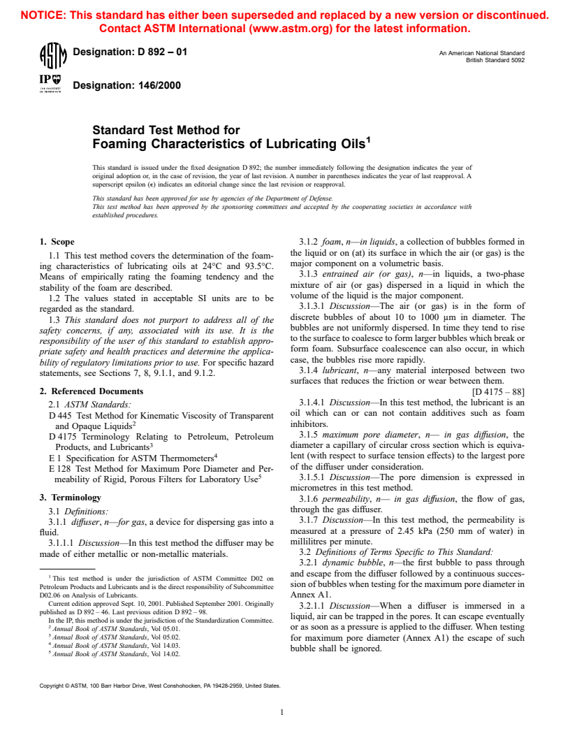 ASTM D892-01 - Standard Test Method for Foaming Characteristics of Lubricating Oils