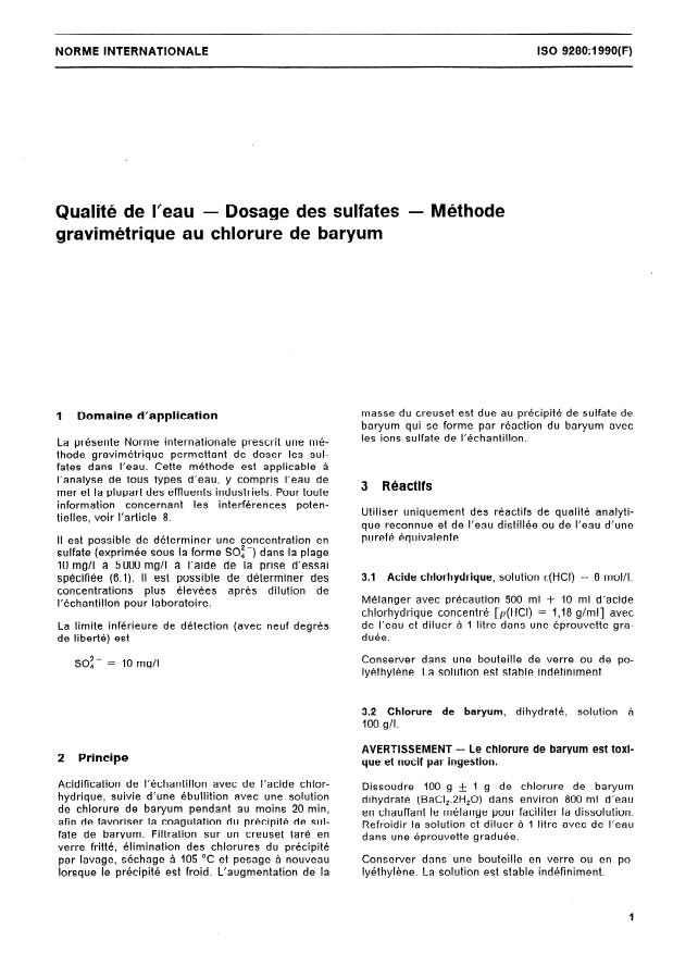 ISO 9280:1990 - Qualité de l'eau -- Dosage des sulfates -- Méthode gravimétrique au chlorure de baryum