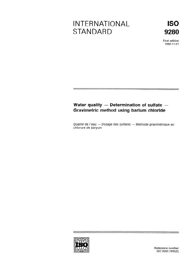 ISO 9280:1990 - Water quality -- Determination of sulfate -- Gravimetric method using barium chloride