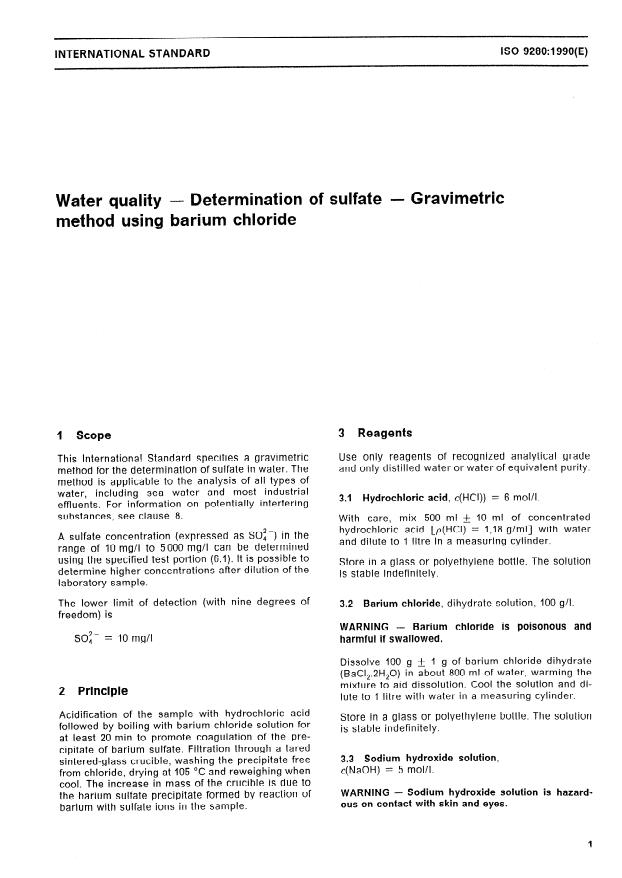ISO 9280:1990 - Water quality -- Determination of sulfate -- Gravimetric method using barium chloride
