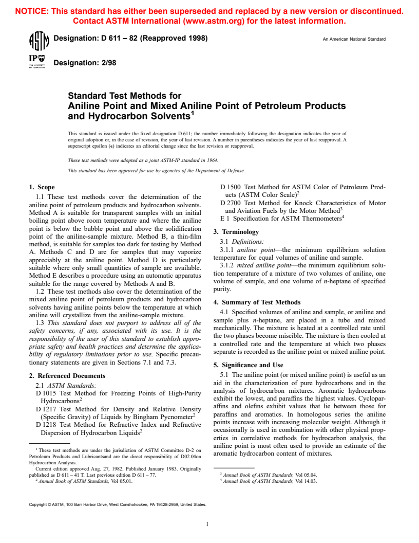 ASTM D611-82(1998) - Standard Test Methods for Aniline Point and Mixed Aniline Point of Petroleum Products and Hydrocarbon Solvents