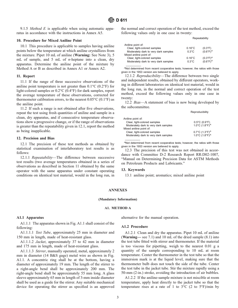 ASTM D611-82(1998) - Standard Test Methods for Aniline Point and Mixed Aniline Point of Petroleum Products and Hydrocarbon Solvents