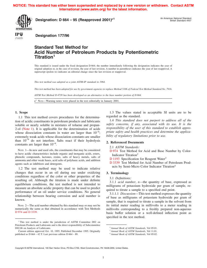 ASTM D664-95(2001)e1 - Standard Test Method for Acid Number of Petroleum Products by Potentiometric Titration