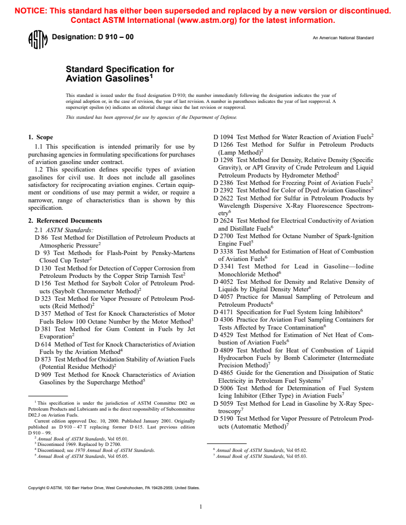 ASTM D910-00 - Standard Specification for Aviation Gasolines