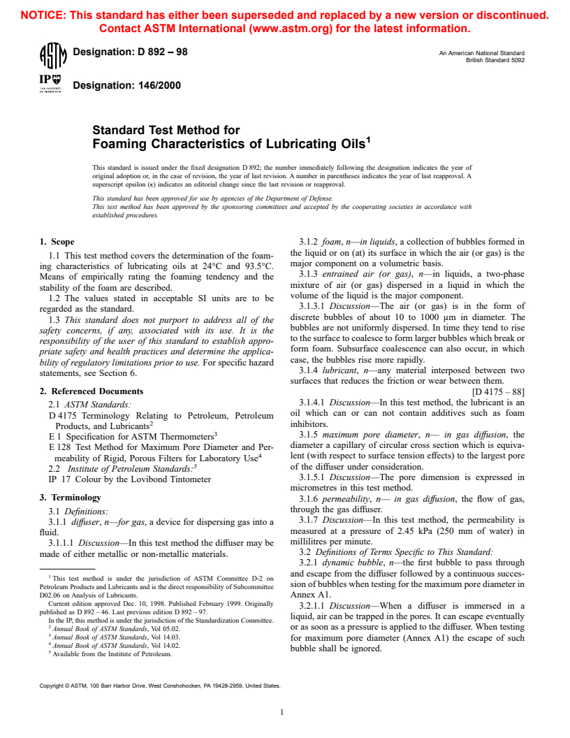 ASTM D892-98 - Standard Test Method for Foaming Characteristics of Lubricating Oils