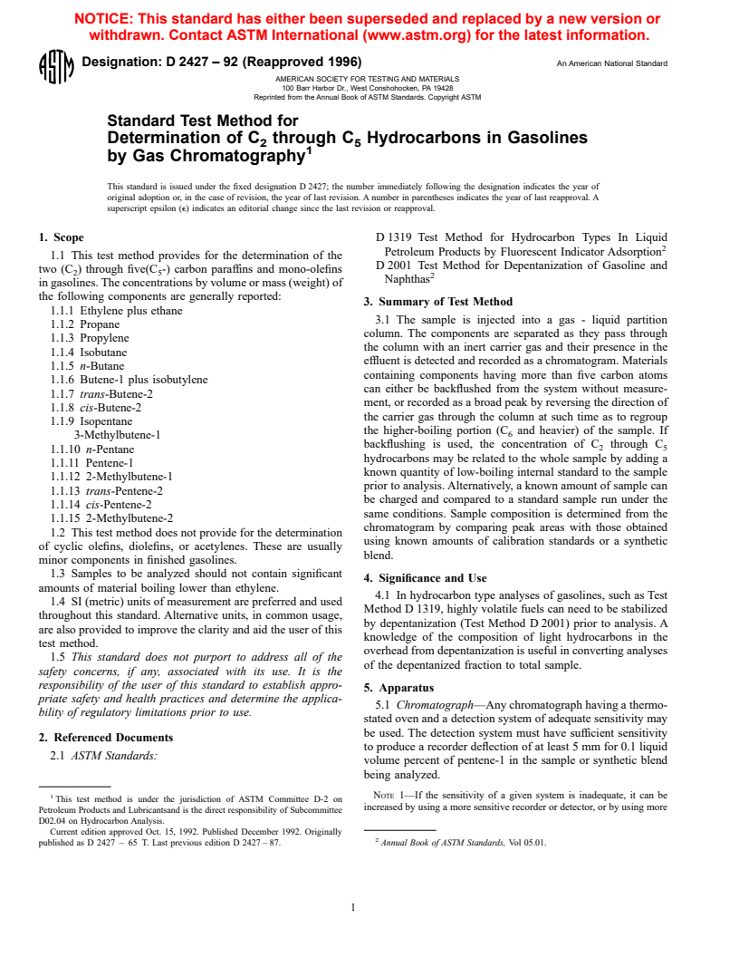 ASTM D2427-92(1996) - Standard Test Method for Determination of C<sub>2</sub> through C<sub>5</sub> Hydrocarbons in Gasolines by Gas Chromatography