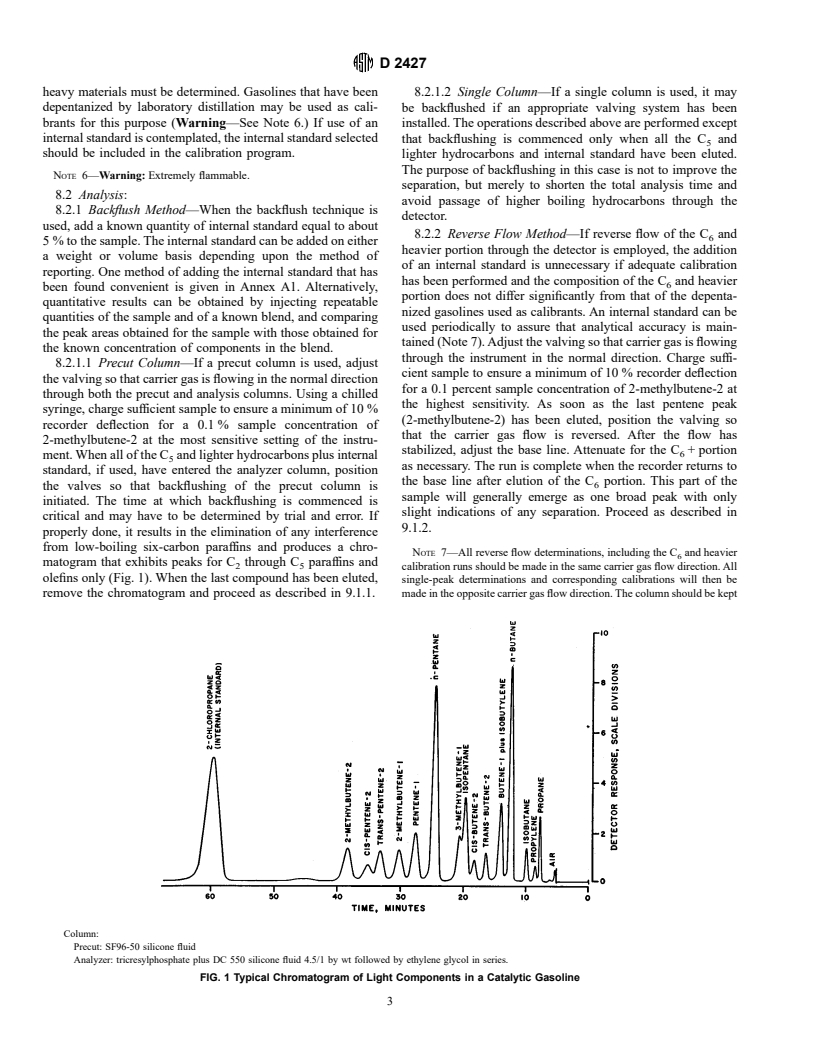 ASTM D2427-92(1996) - Standard Test Method for Determination of C<sub>2</sub> through C<sub>5</sub> Hydrocarbons in Gasolines by Gas Chromatography