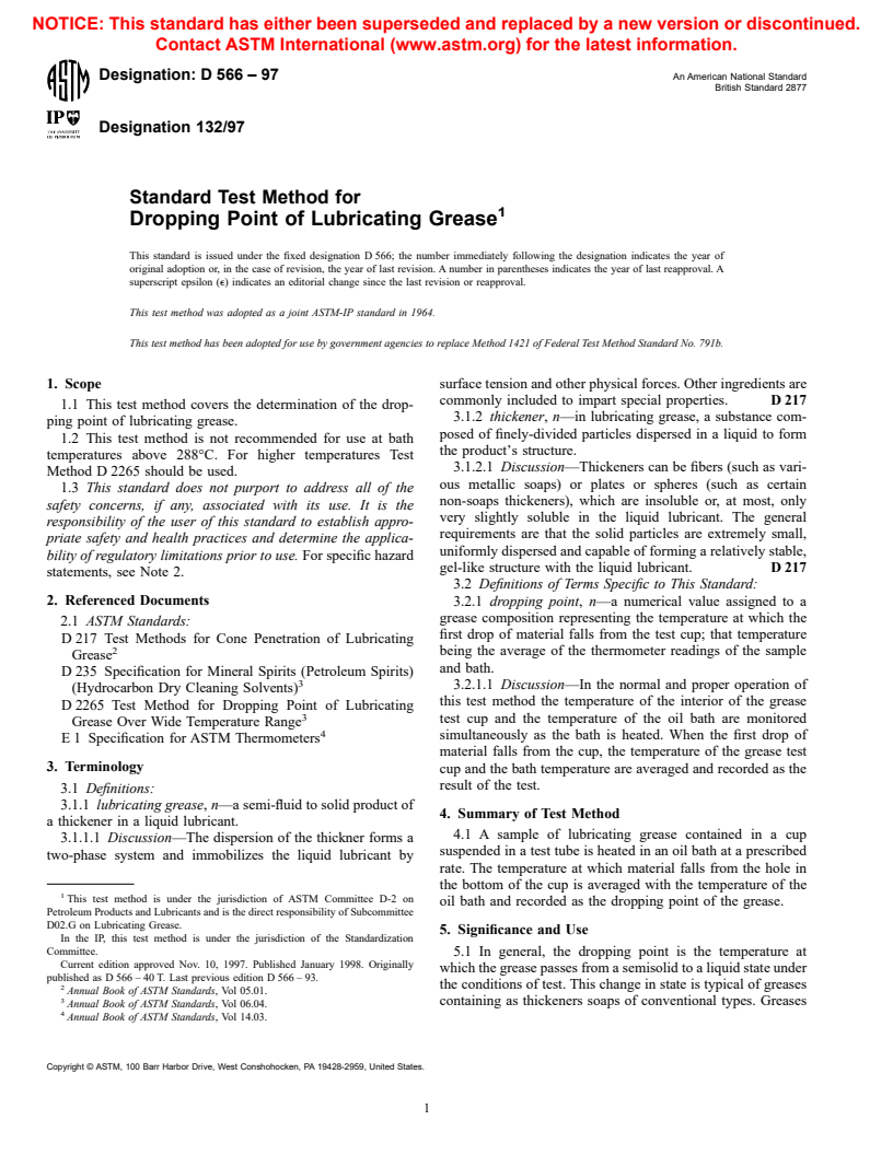 ASTM D566-97 - Standard Test Method for Dropping Point of Lubricating Grease