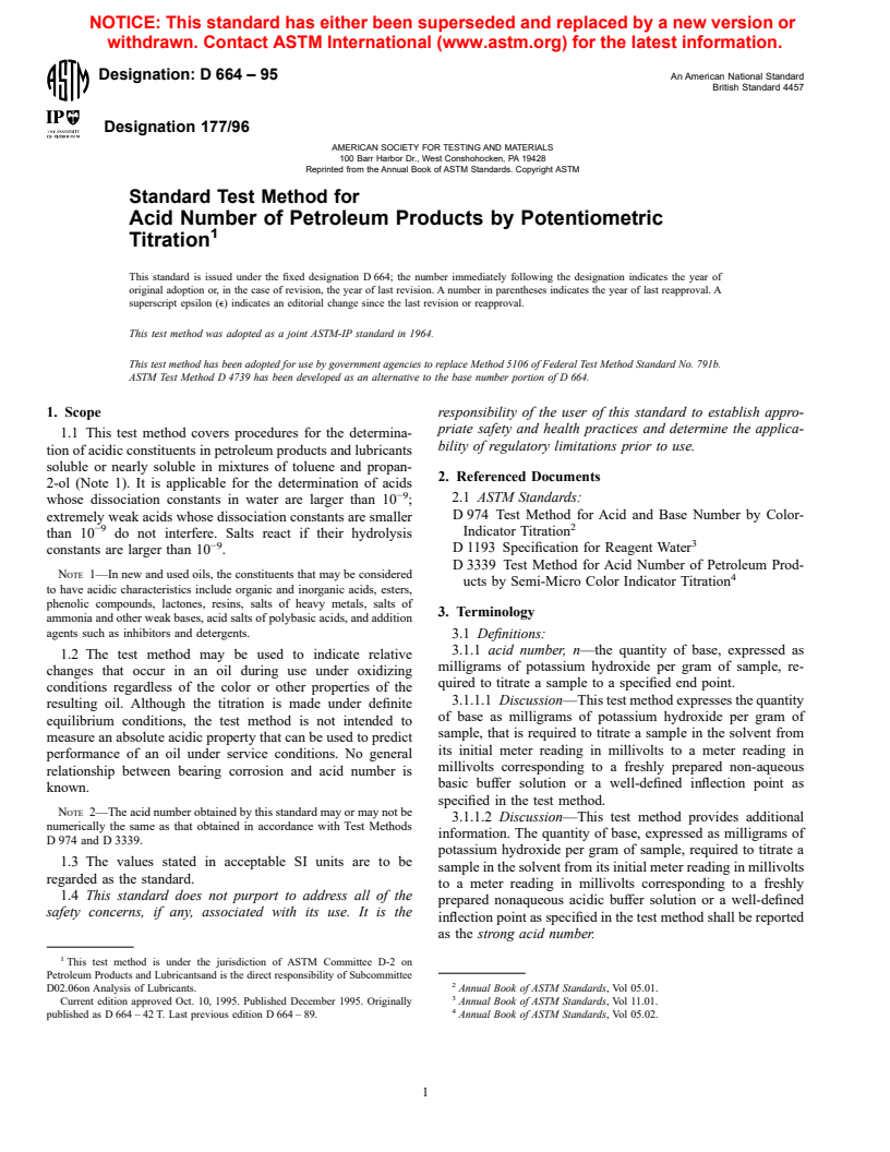 ASTM D664-95 - Standard Test Method for Acid Number of Petroleum Products by Potentiometric Titration