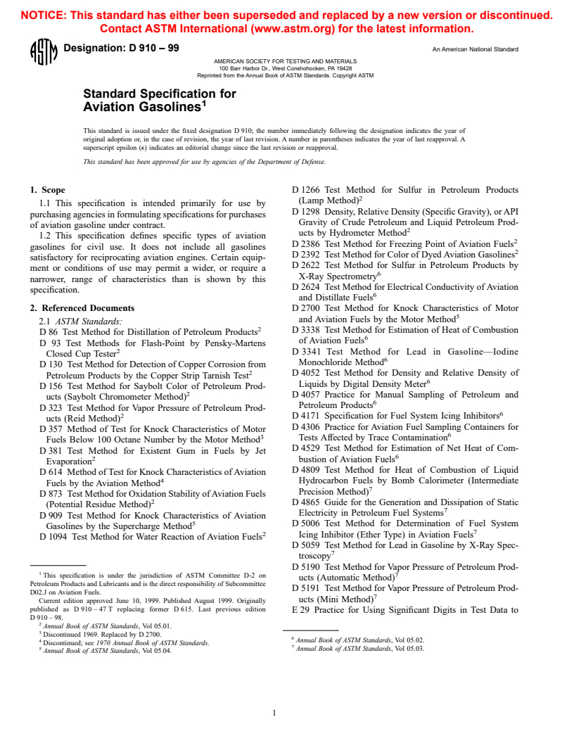 ASTM D910-99 - Standard Specification for Aviation Gasolines