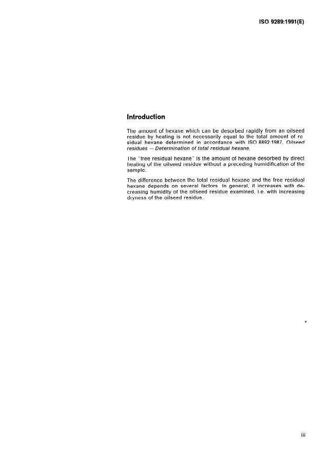 ISO 9289:1991 - Oilseed residues -- Determination of free residual hexane