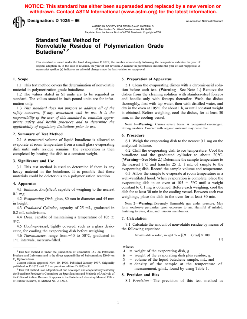 ASTM D1025-96 - Standard Test Method for Nonvolatile Residue of Polymerization Grade Butadiene