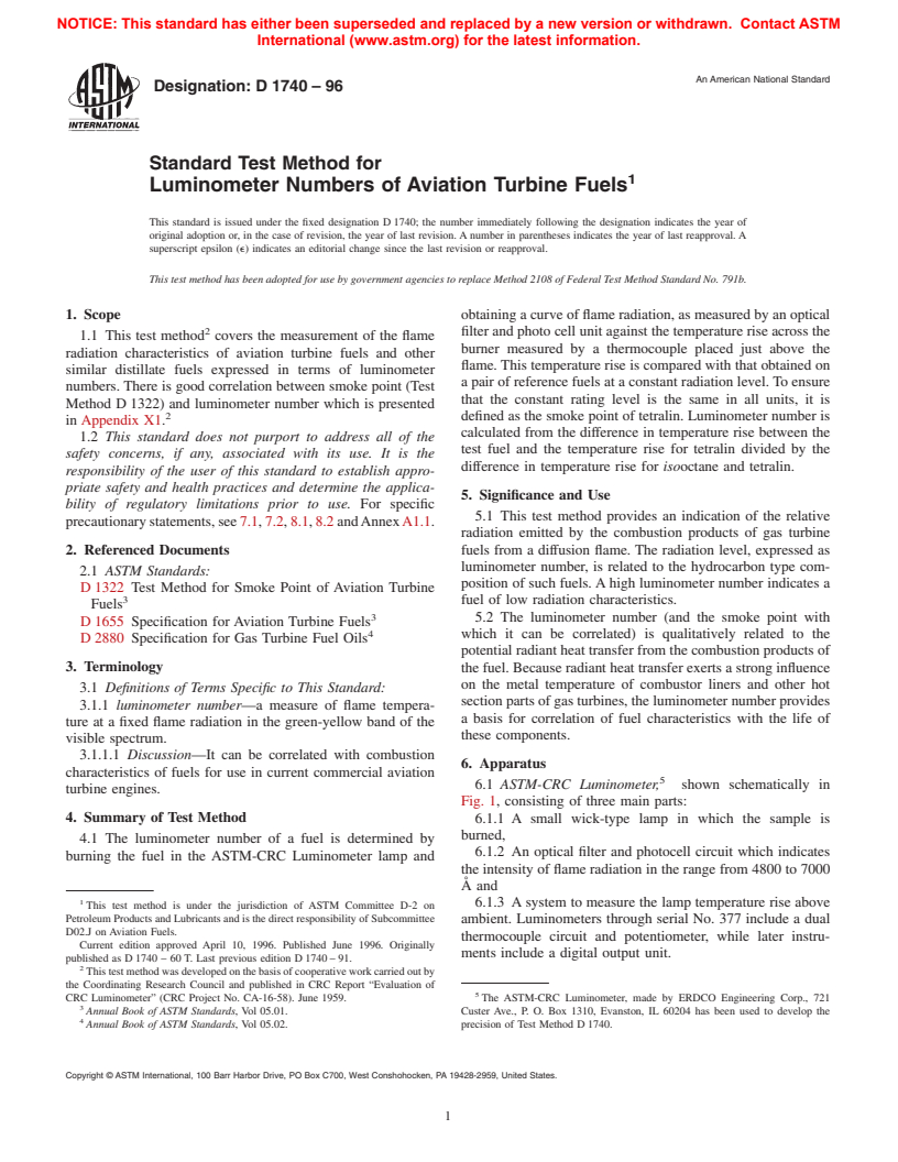 ASTM D1740-96 - Standard Test Method for Luminometer Numbers of Aviation Turbine Fuels