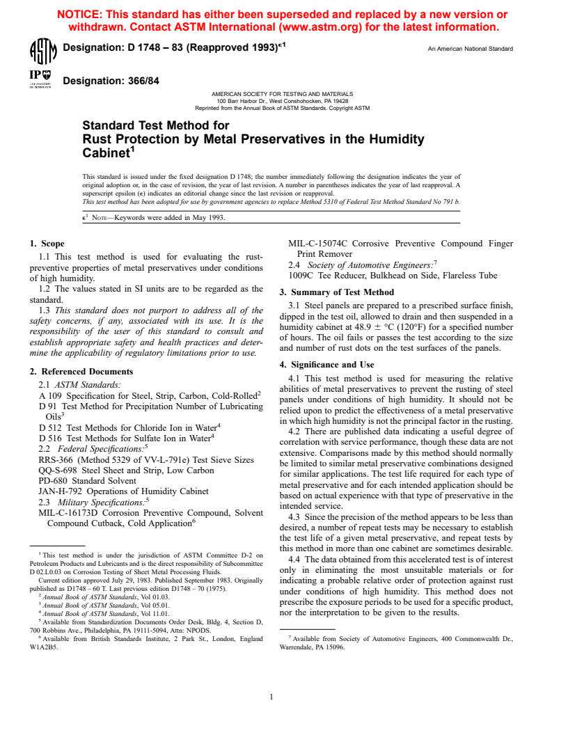 ASTM D1748-83(1993)e1 - Standard Test Method for Rust Protection by Metal Preservatives in the Humidity Cabinet