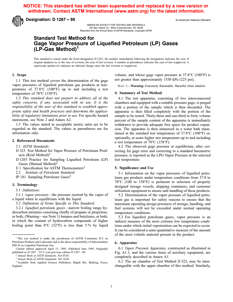 ASTM D1267-95 - Standard Test Method for Gage Vapor Pressure of Liquefied Petroleum (LP) Gases (LP-Gas Method)