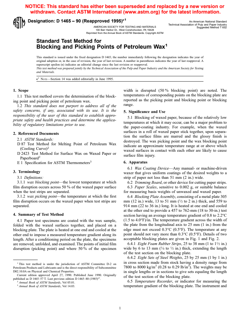 ASTM D1465-90(1995)e1 - Standard Test Method for Blocking and Picking Points of Petroleum Wax