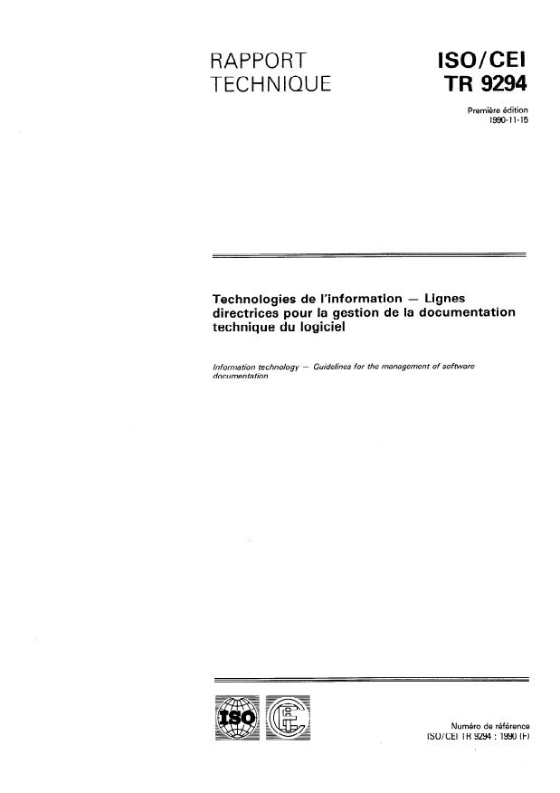 ISO/IEC TR 9294:1990 - Technologies de l'information -- Lignes directrices pour la gestion de la documentation technique du logiciel