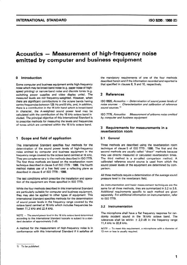 ISO 9295:1988 - Acoustics -- Measurement of high-frequency noise emitted by computer and business equipment