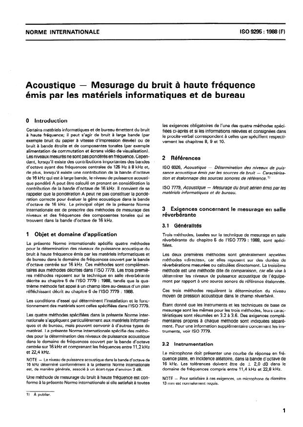 ISO 9295:1988 - Acoustique -- Mesurage du bruit a haute fréquence émis par les matériels informatiques et de bureau