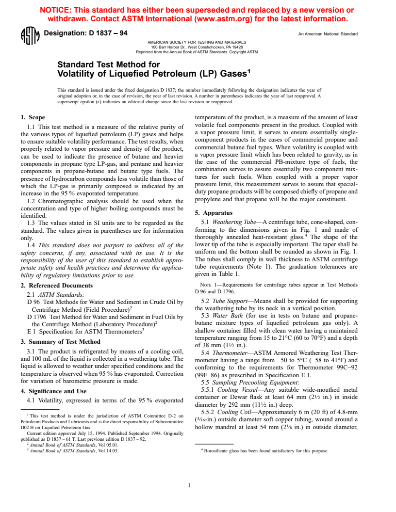 ASTM D1837-94 - Standard Test Method for Volatility of Liquefied Petroleum (LP) Gases