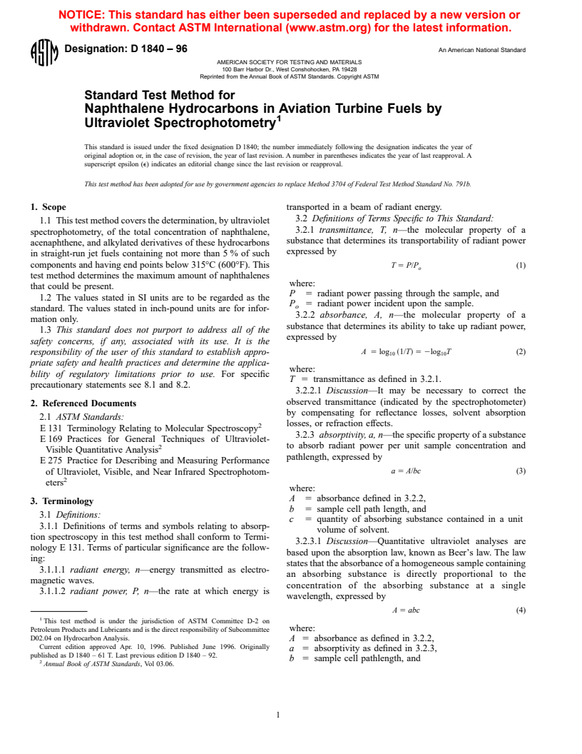 ASTM D1840-96 - Standard Test Method for Naphthalene Hydrocarbons in Aviation Turbine Fuels by Ultraviolet Spectrophotometry