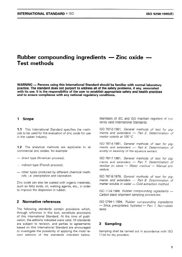 ISO 9298:1995 - Rubber compounding ingredients -- Zinc oxide -- Test methods