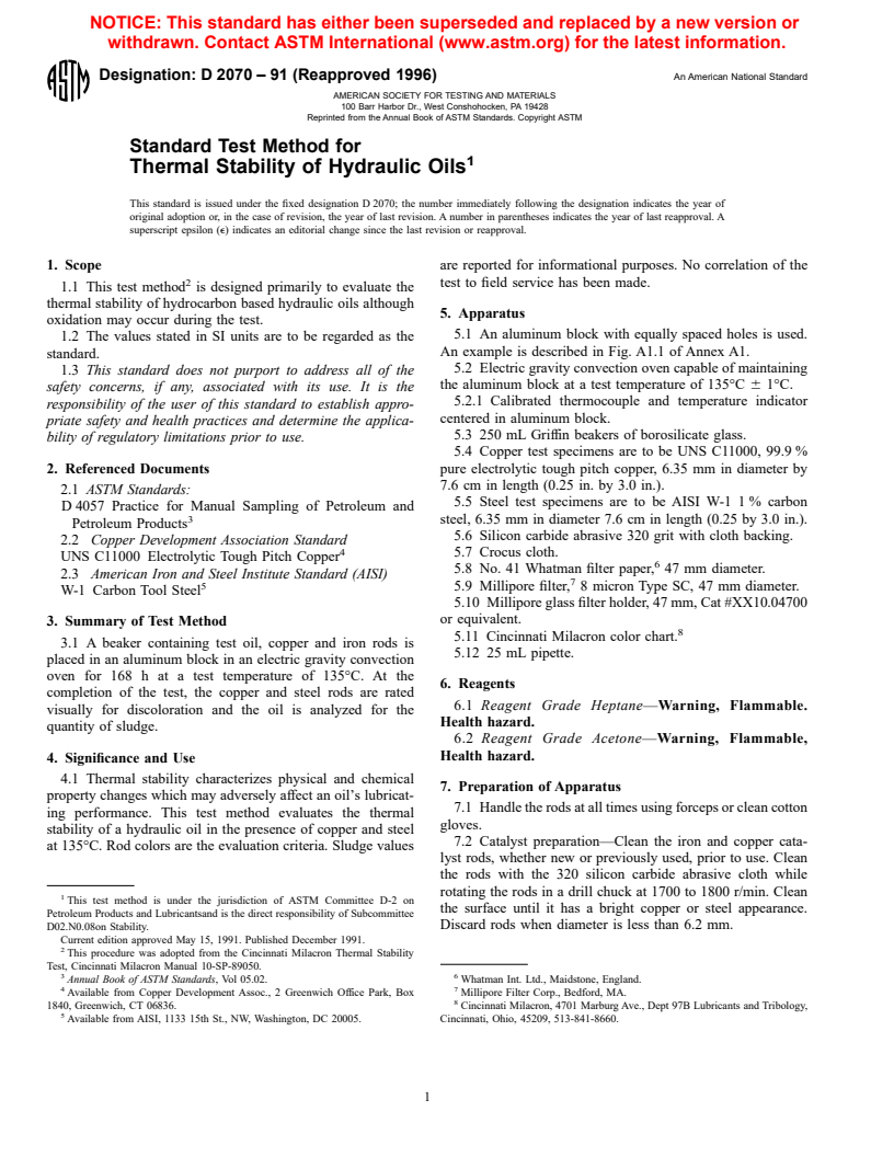 ASTM D2070-91(1996) - Standard Test Method for Thermal Stability of Hydraulic Oils