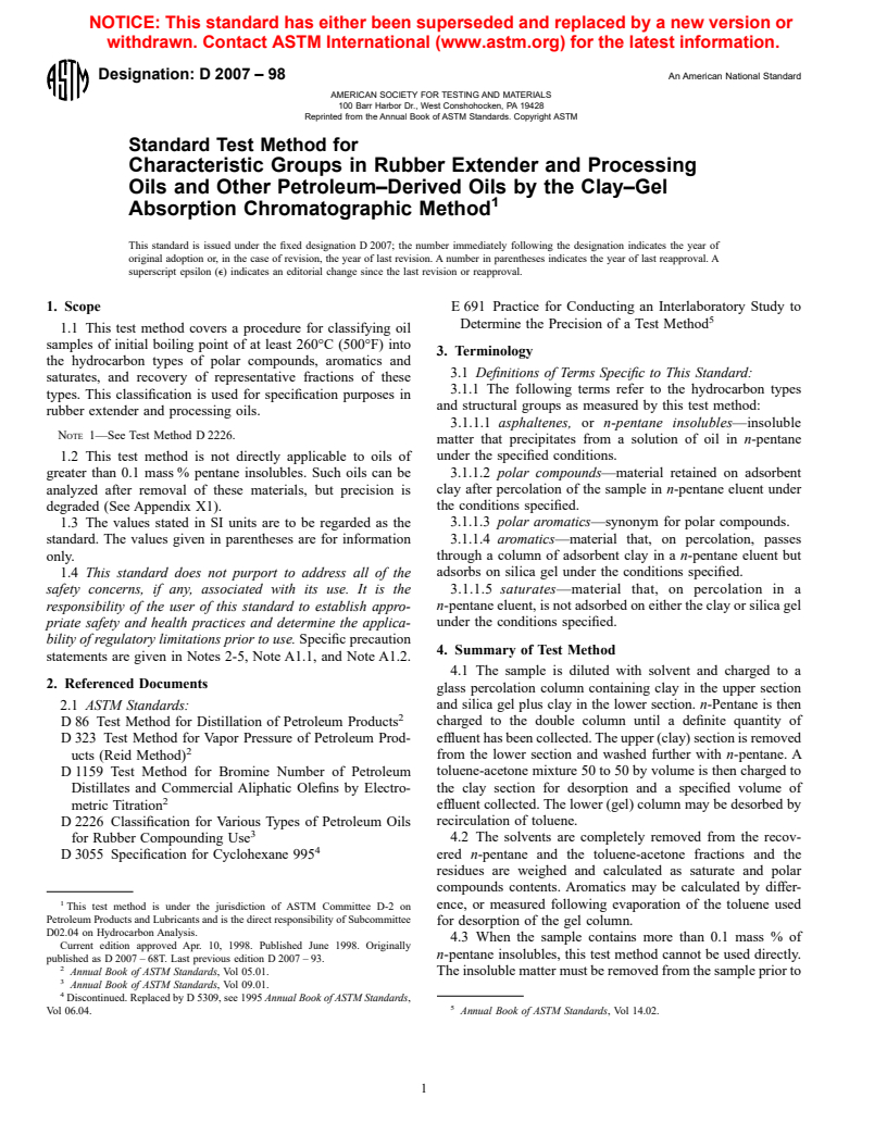 ASTM D2007-98 - Standard Test Method for Characteristic Groups in Rubber Extender and Processing Oils and Other Petroleum-Derived Oils by the Clay&#8212;Gel Absorption Chromatographic Method