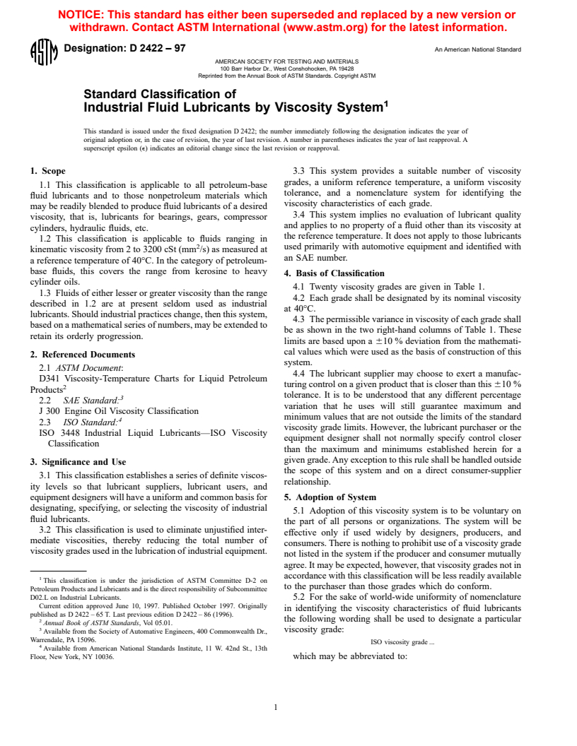 ASTM D2422-97 - Standard Classification of Industrial Fluid Lubricants by Viscosity System