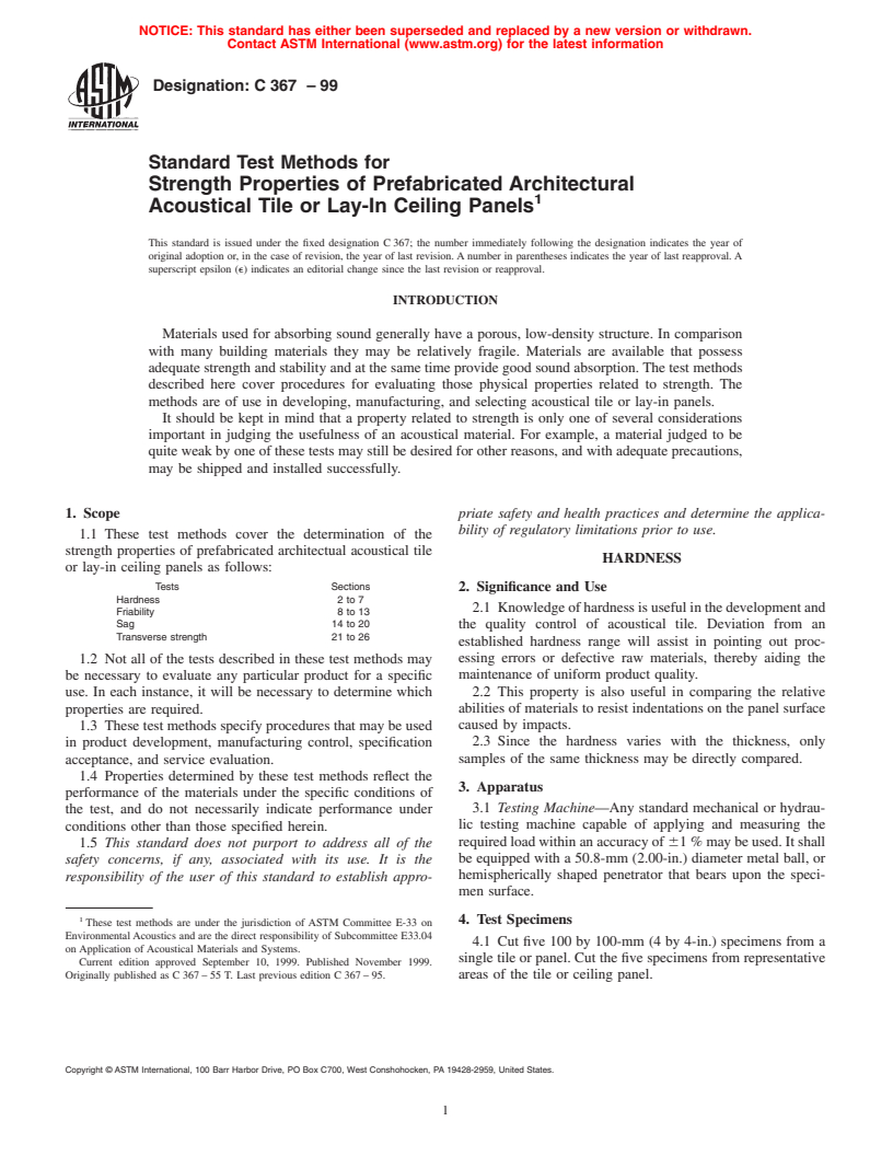 ASTM C367-99 - Standard Test Methods for Strength Properties of Prefabricated Architectural Acoustical Tile or Lay-In Ceiling Panels