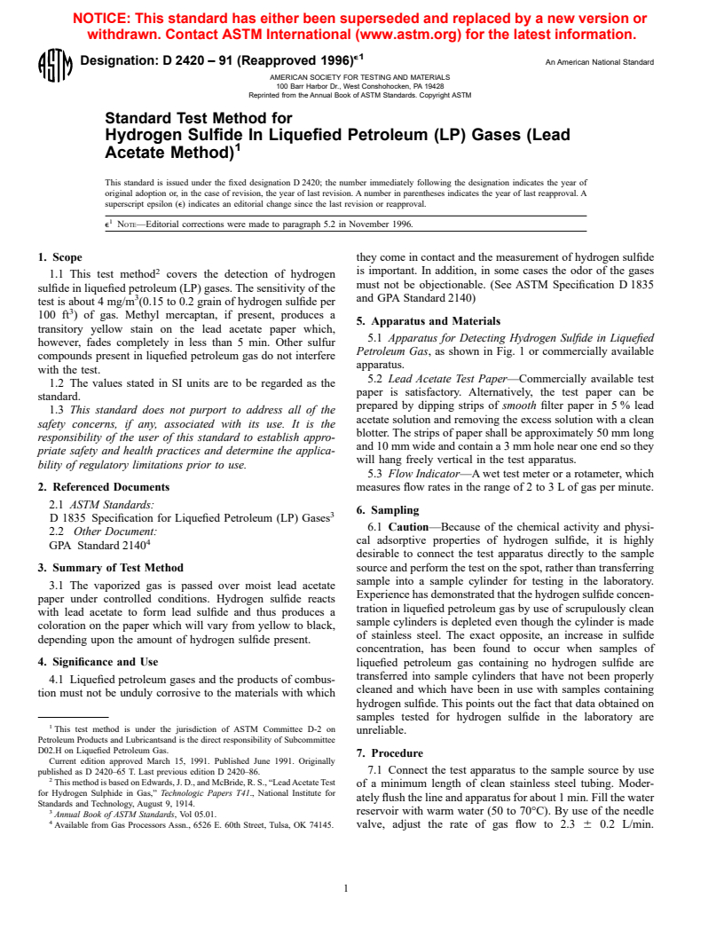 ASTM D2420-91(1996)e1 - Standard Test Method for Hydrogen Sulfide In Liquefied Petroleum (LP) Gases (Lead Acetate Method)