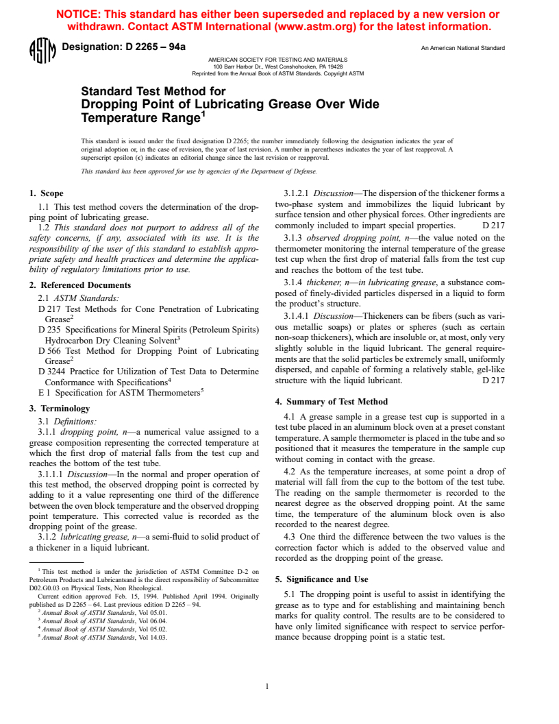 ASTM D2265-94a - Standard Test Method for Dropping Point of Lubricating Grease Over Wide Temperature Range