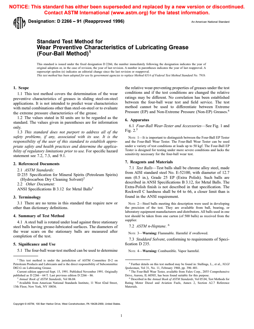 ASTM D2266-91(1996) - Standard Test Method for Wear Preventive Characteristics of Lubricating Grease (Four-Ball Method)